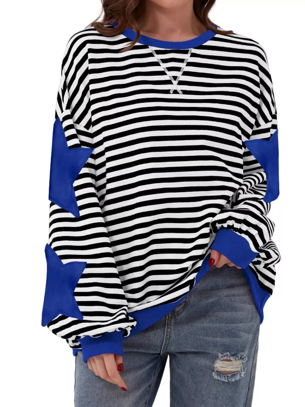 Full Size Star Patch Striped Oversized Sweatshirt Plus Size, image 11