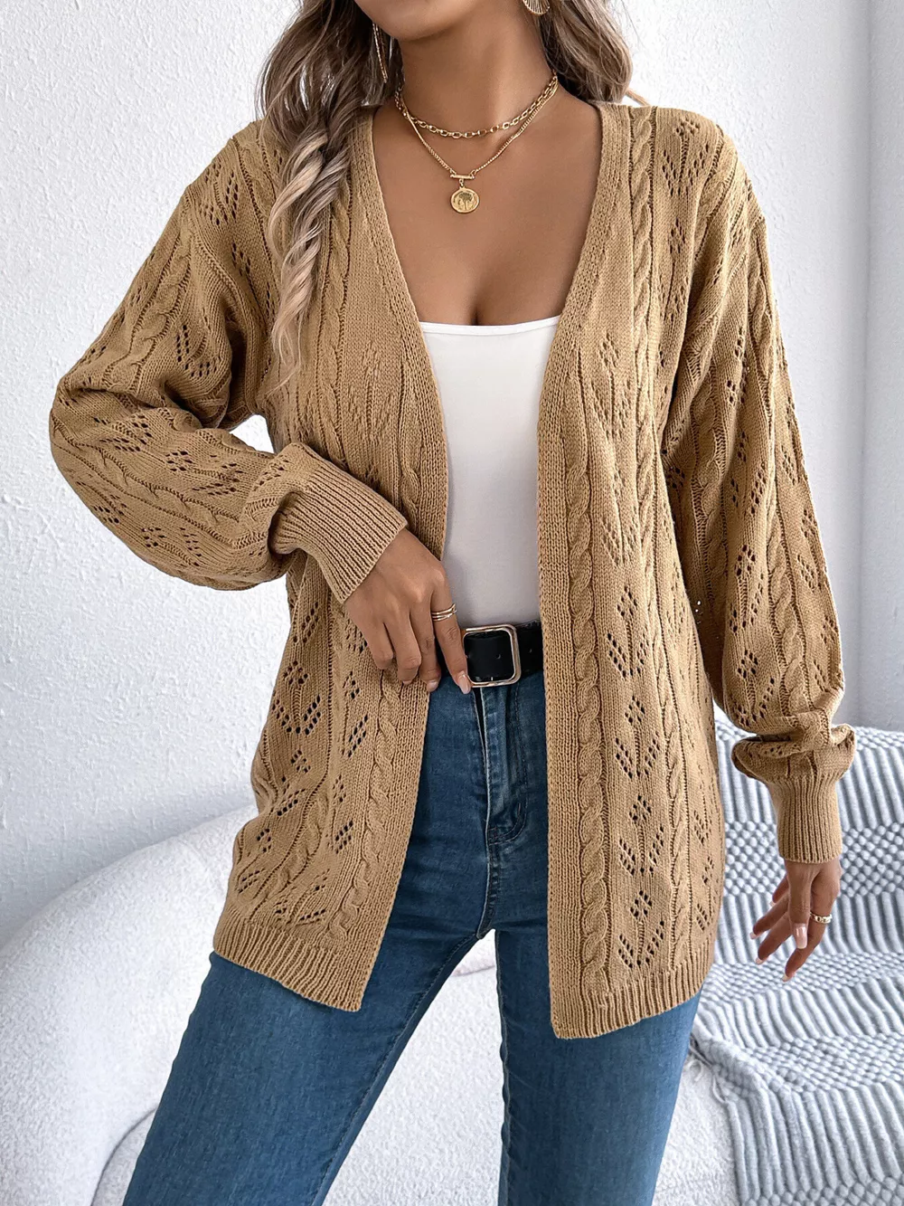 Openwork Open Front Long Sleeve Cardigan, image 14
