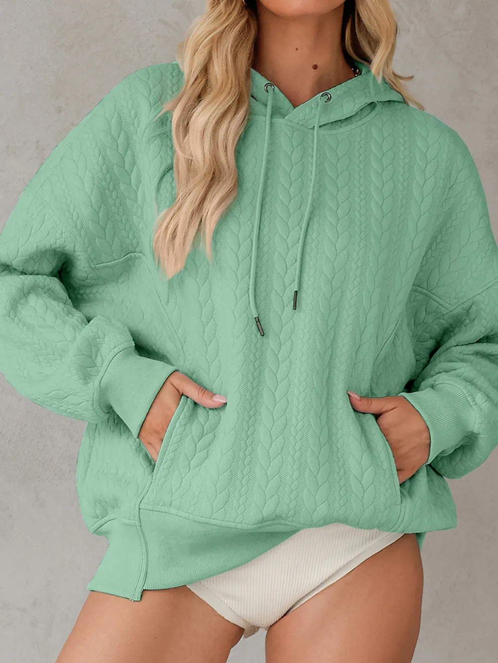 Drawstring Textured Baggy Solid Hoodie, image 16