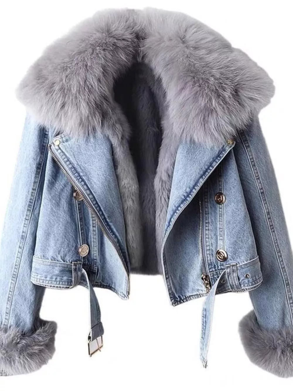 Full Size Faux Fur Collar Denim Jacket Plus Size, image 7