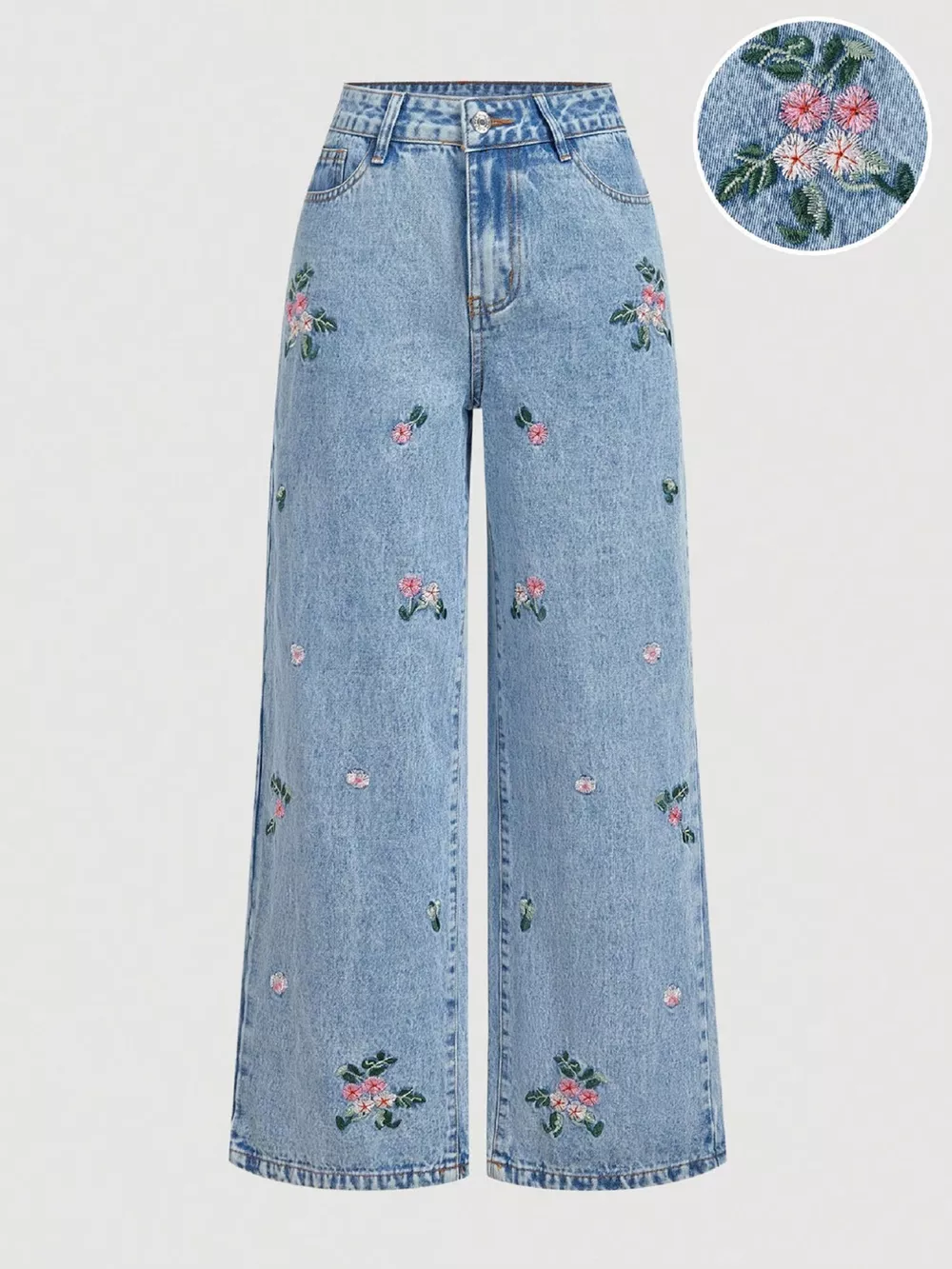 Embroidered Wide Leg Jeans