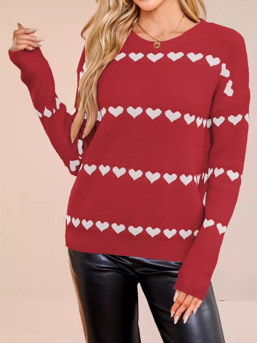 Heart Pattern Dropped Shoulder Sweater, image 6