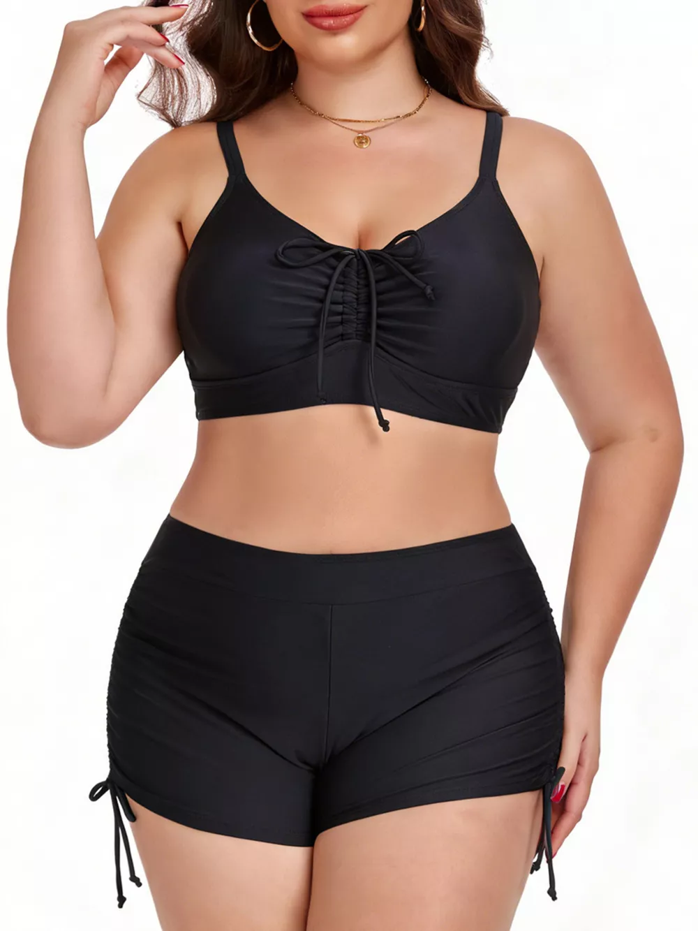 Plus Size Ruched Drawstring Swim Set, image 3