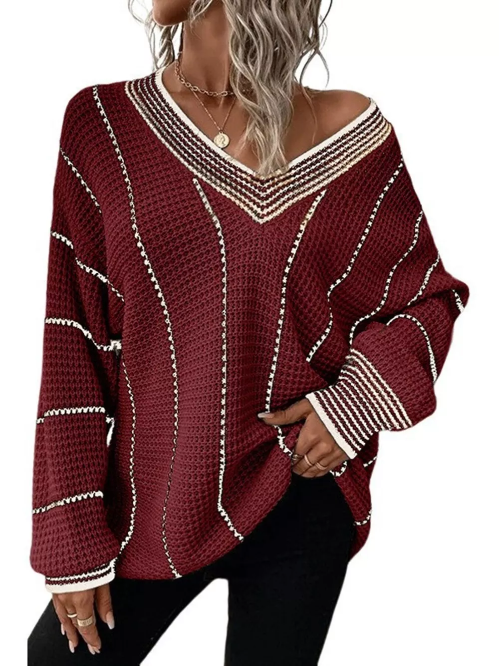 V-Neck Textured Knit Sweater, image 22