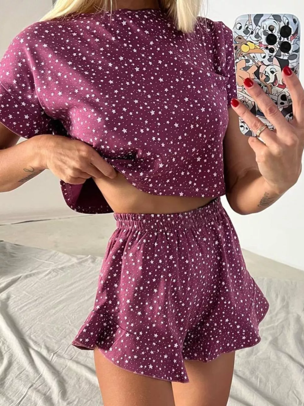 Printed Crop Top and Ruffled Shorts Lounge Set, image 4