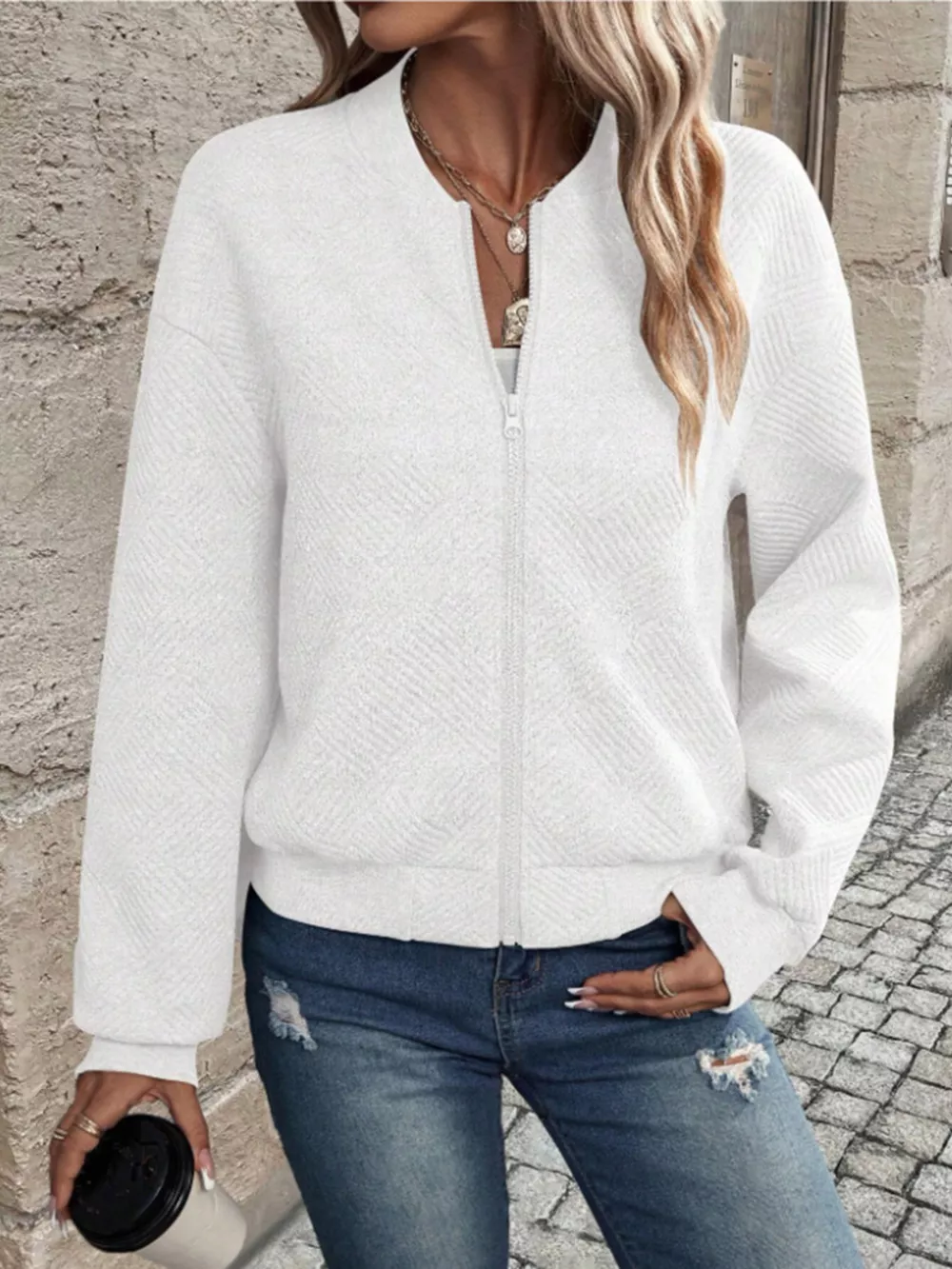 Textured Knit Zip-Up Bomber Jacket, image 32