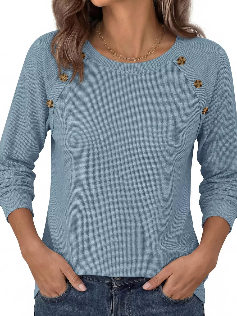 Decorative Button Waffle Knit Long Sleeve T-Shirt, image 14
