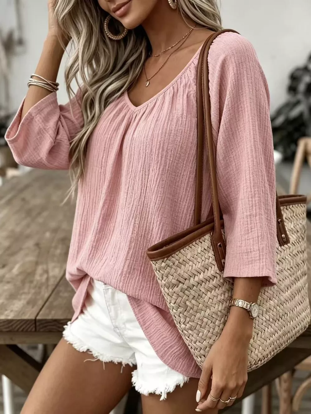 Full Size Textured V-Neck Casual T-Shirt Plus Size, image 10