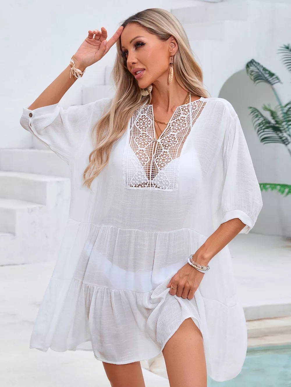 Lace Trimmed Tiered Cover-Up Dress, image 3