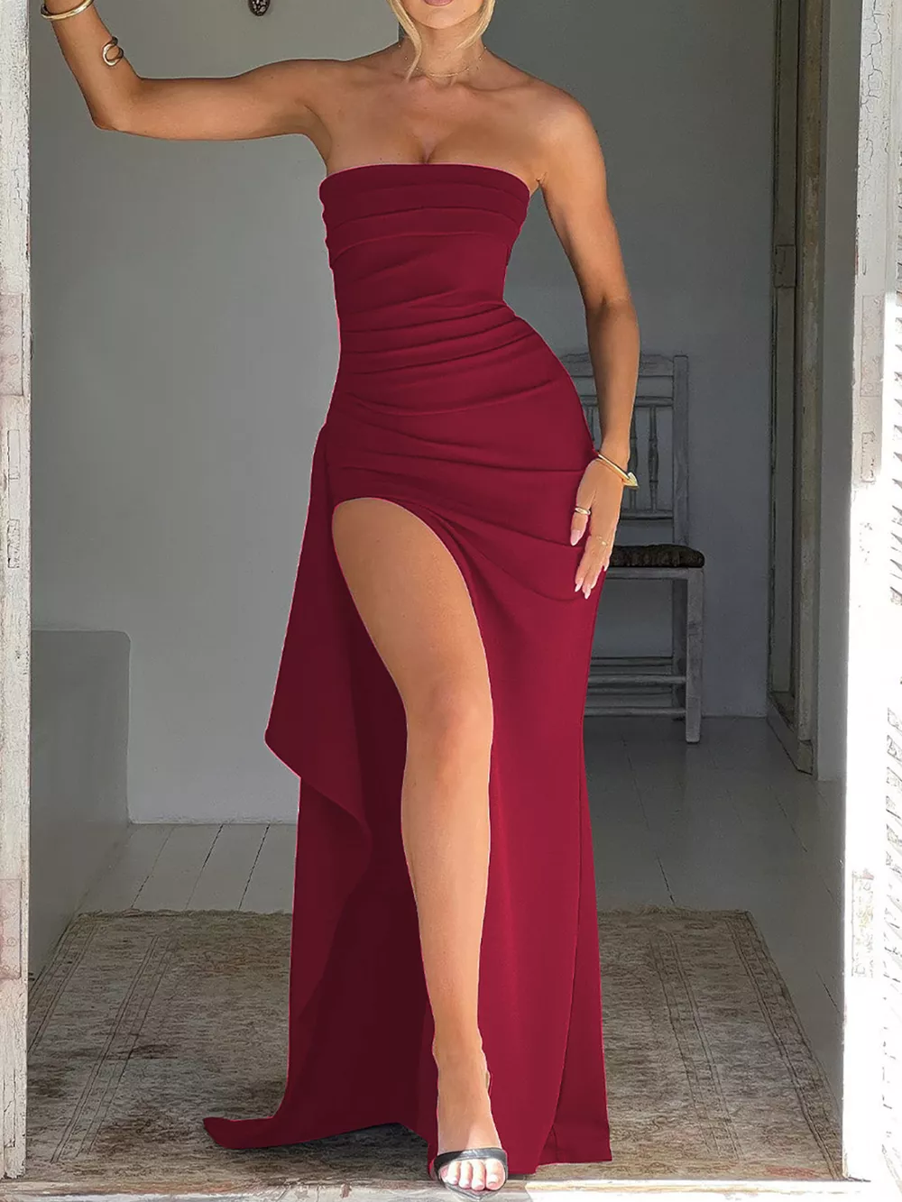 Strapless Ruched High Slit Maxi Dress, image 4