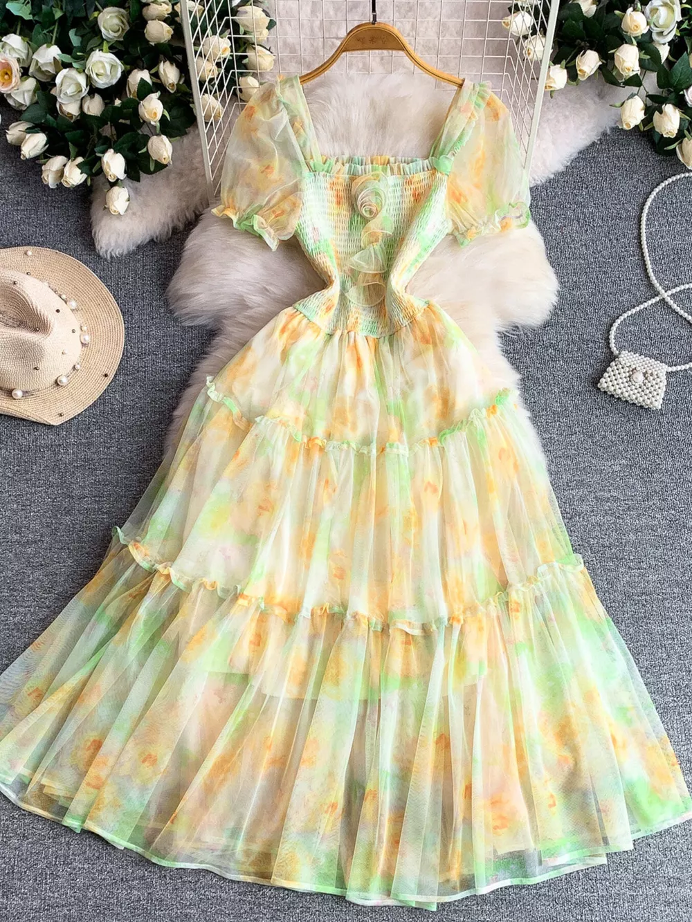 Smocked Floral Tiered Mesh Midi Dress, image 28