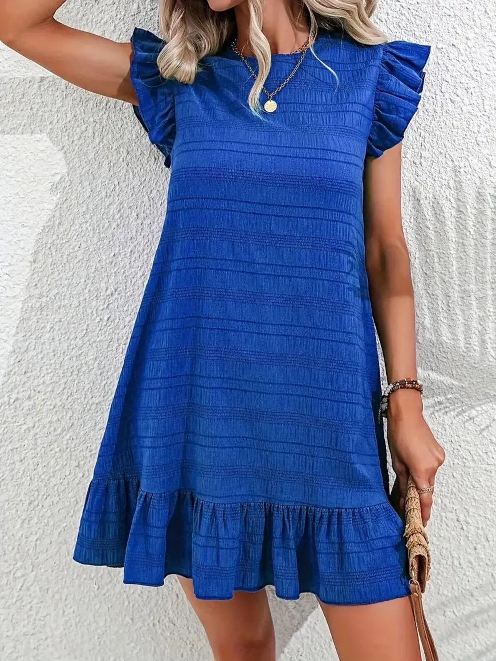 Full Size Ruffled Flutter Sleeve Textured Mini Dress Plus Size, image 18