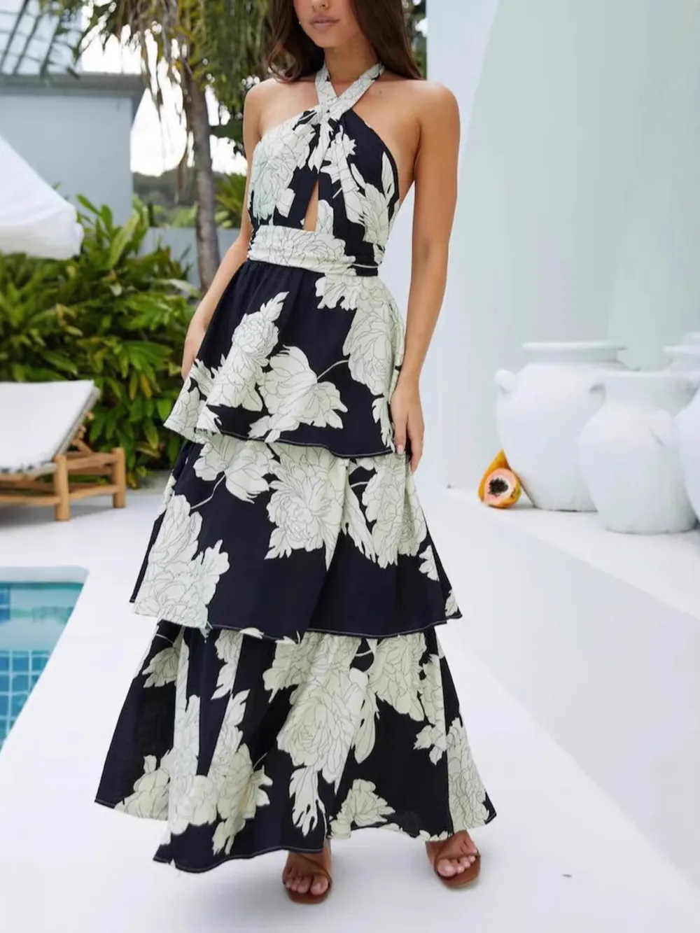 Printed Halter Neck Tiered Maxi Dress, image 4