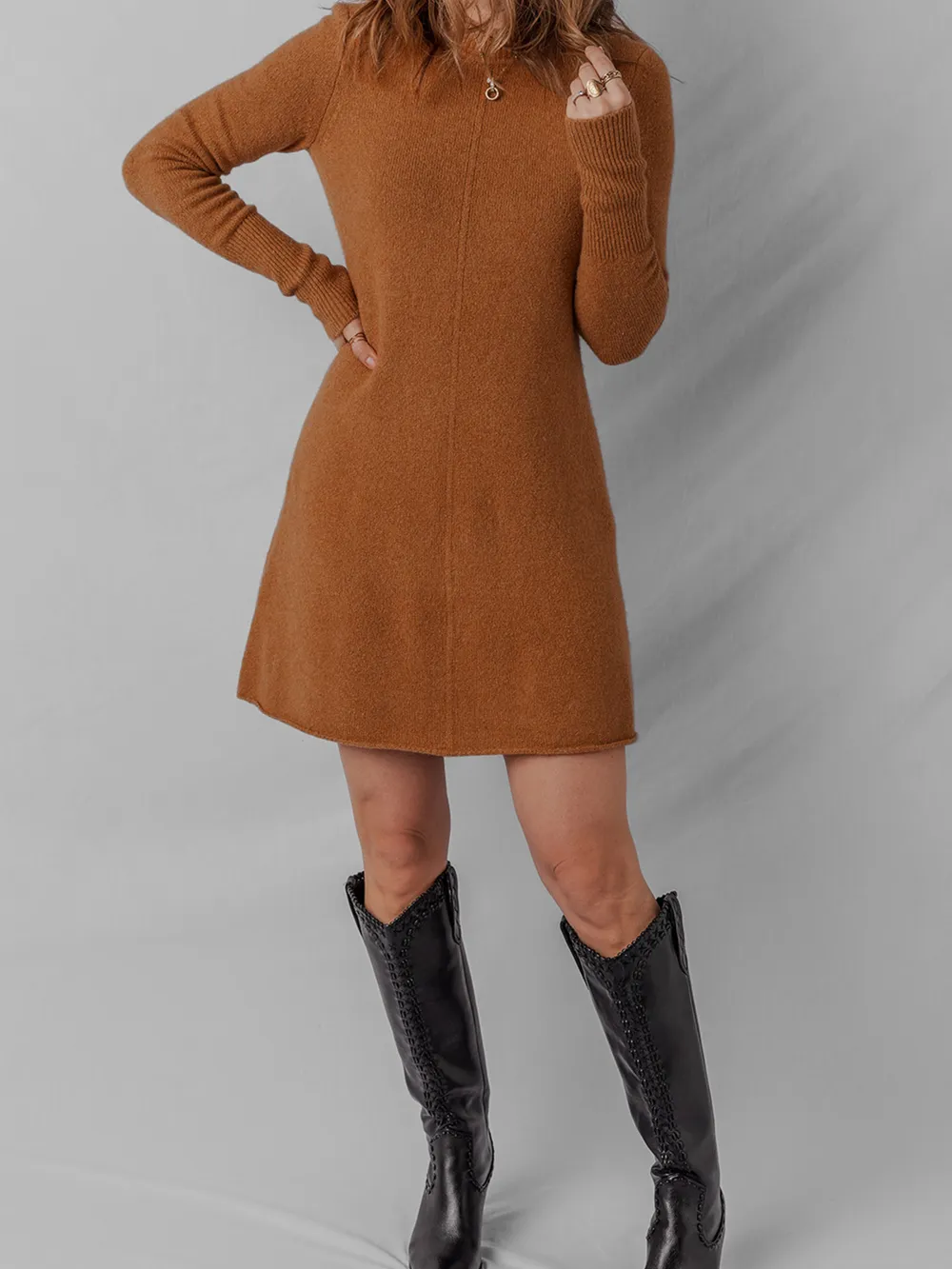 Ribbed Detail Solid Color Mini Sweater Dress, image 5