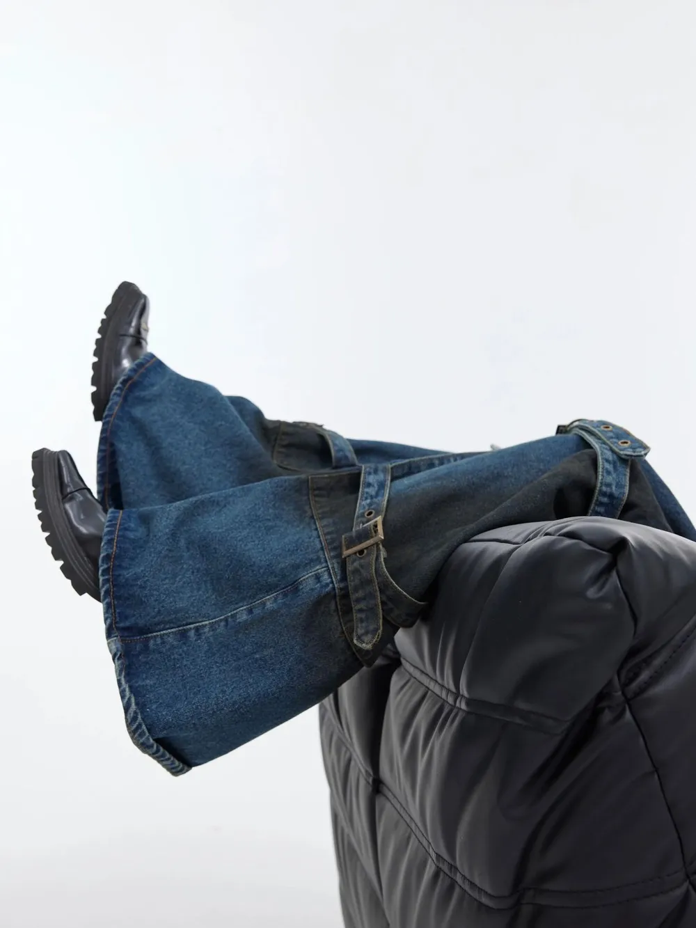 Men's Plus Size Buckle Strap Washed Flare Jeans, image 5