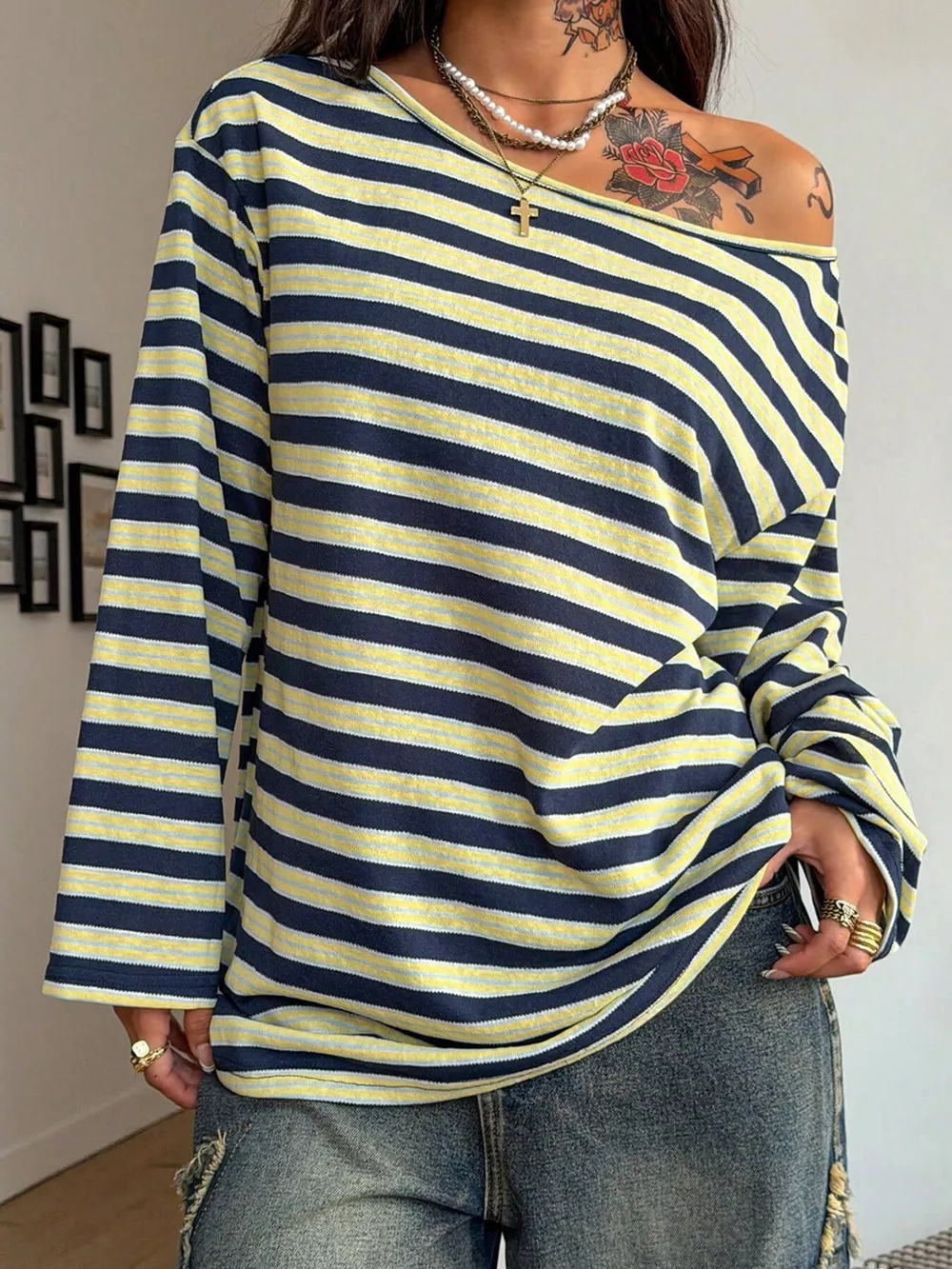 Striped Boat Neck Long Sleeve T-Shirt, image 6