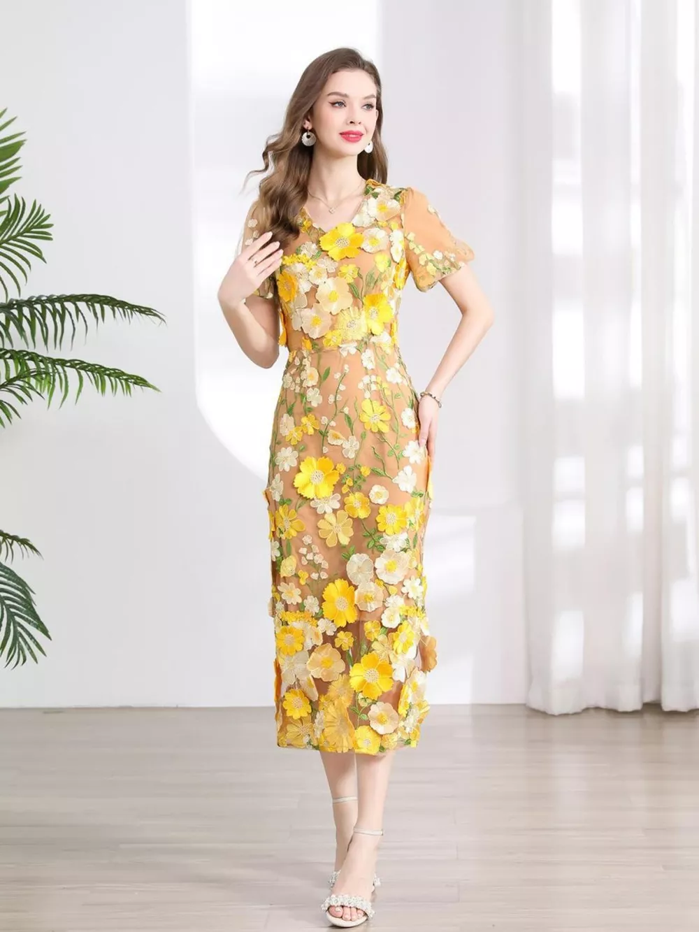Floral Embroidered Puff Sleeve Midi Dress, image 8