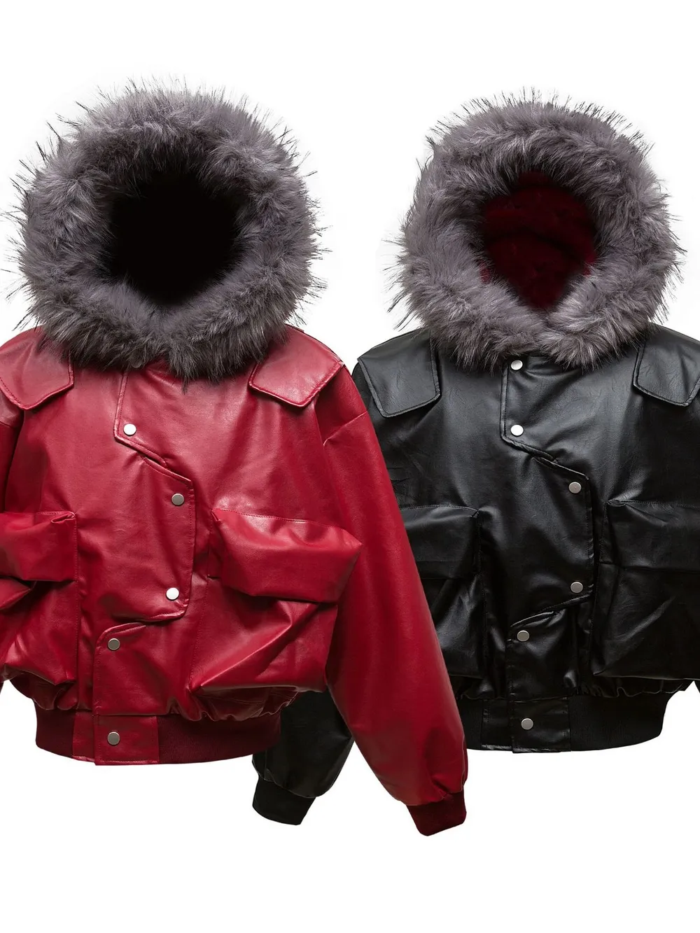 Men's Leather Bomber Jacket with Faux Fur Hood, image 6