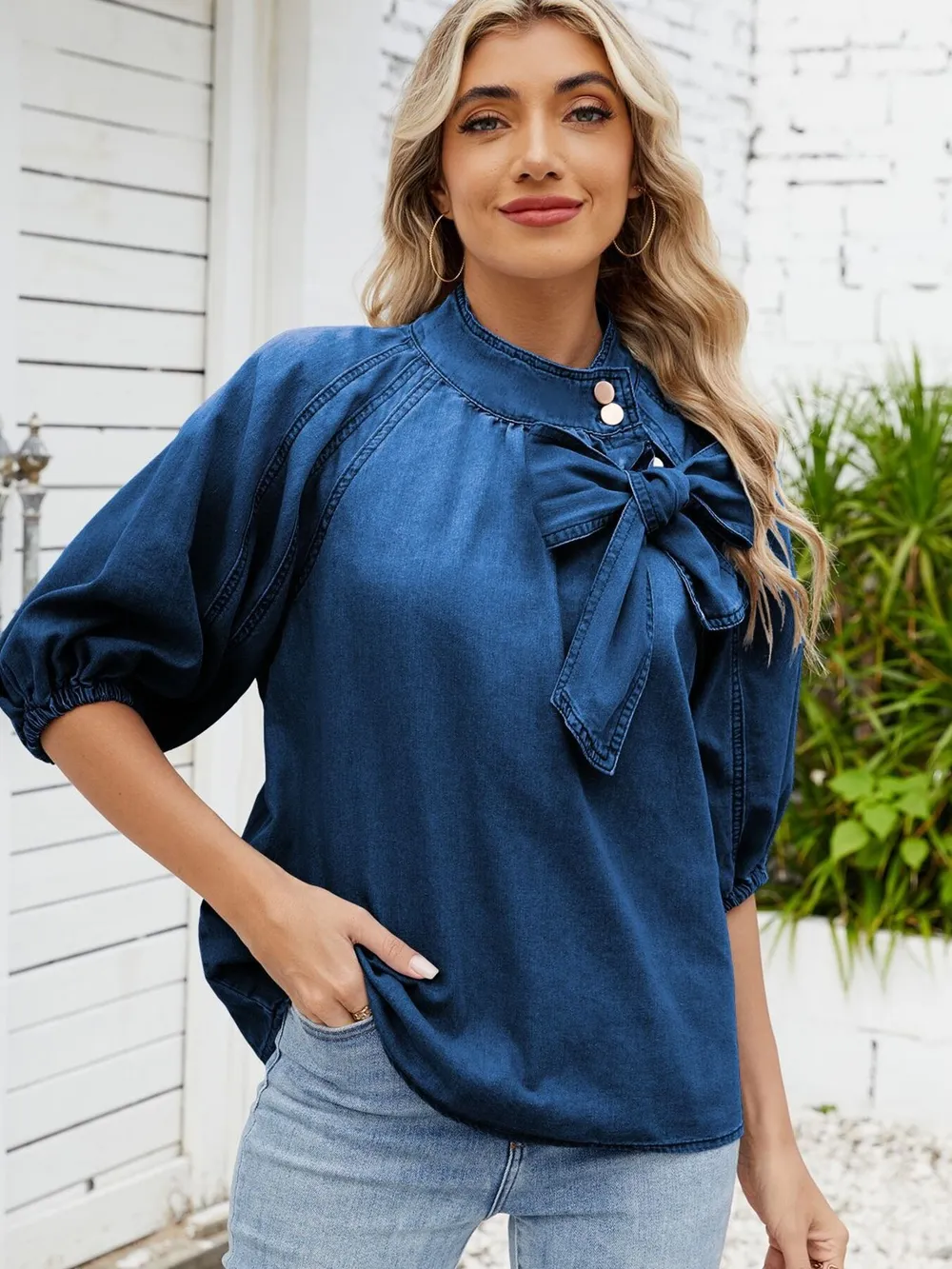 Denim Bow Tie Puff Sleeve Top, image 9