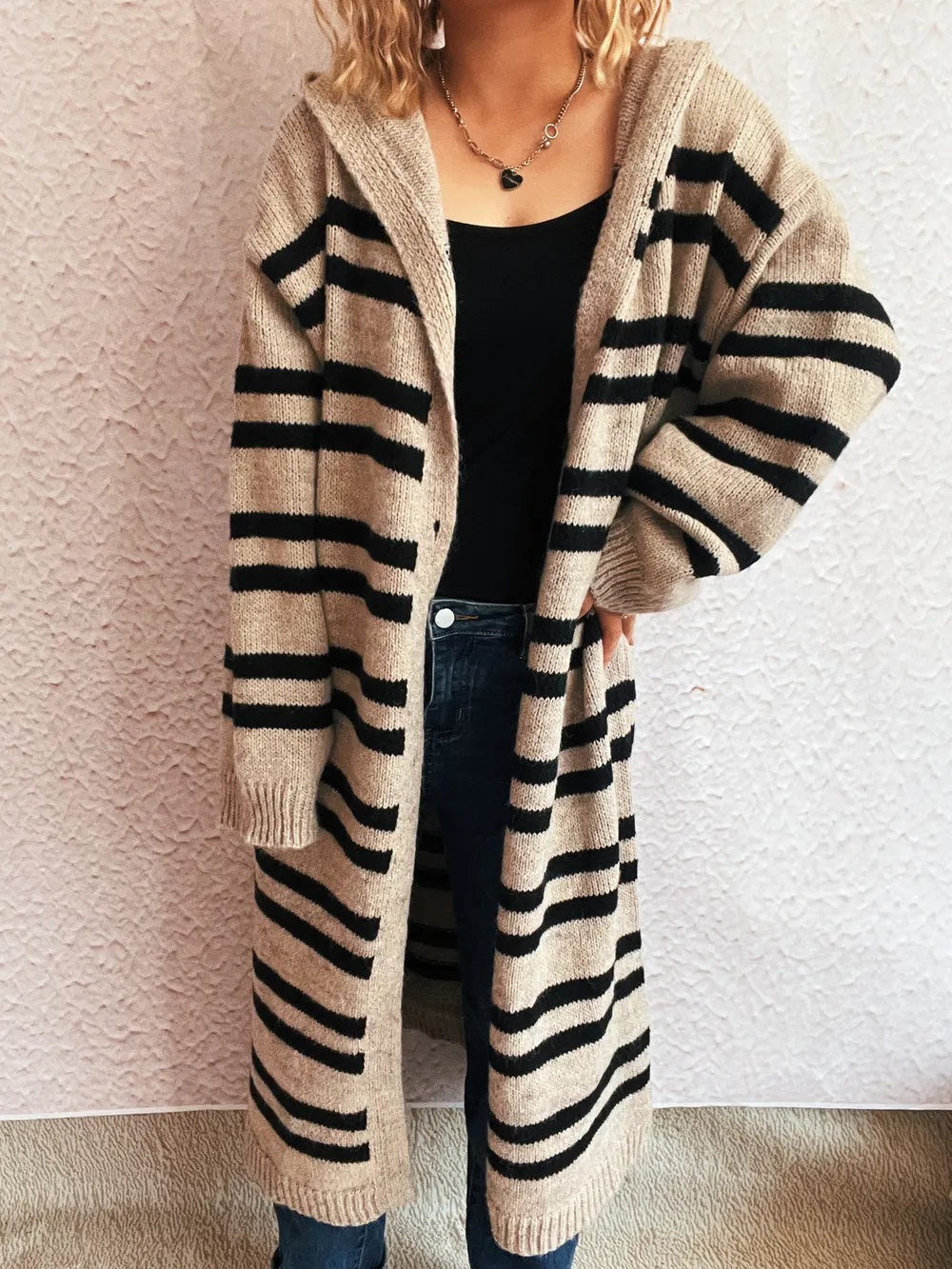 Striped Open Front Hooded Cardigan, image 8