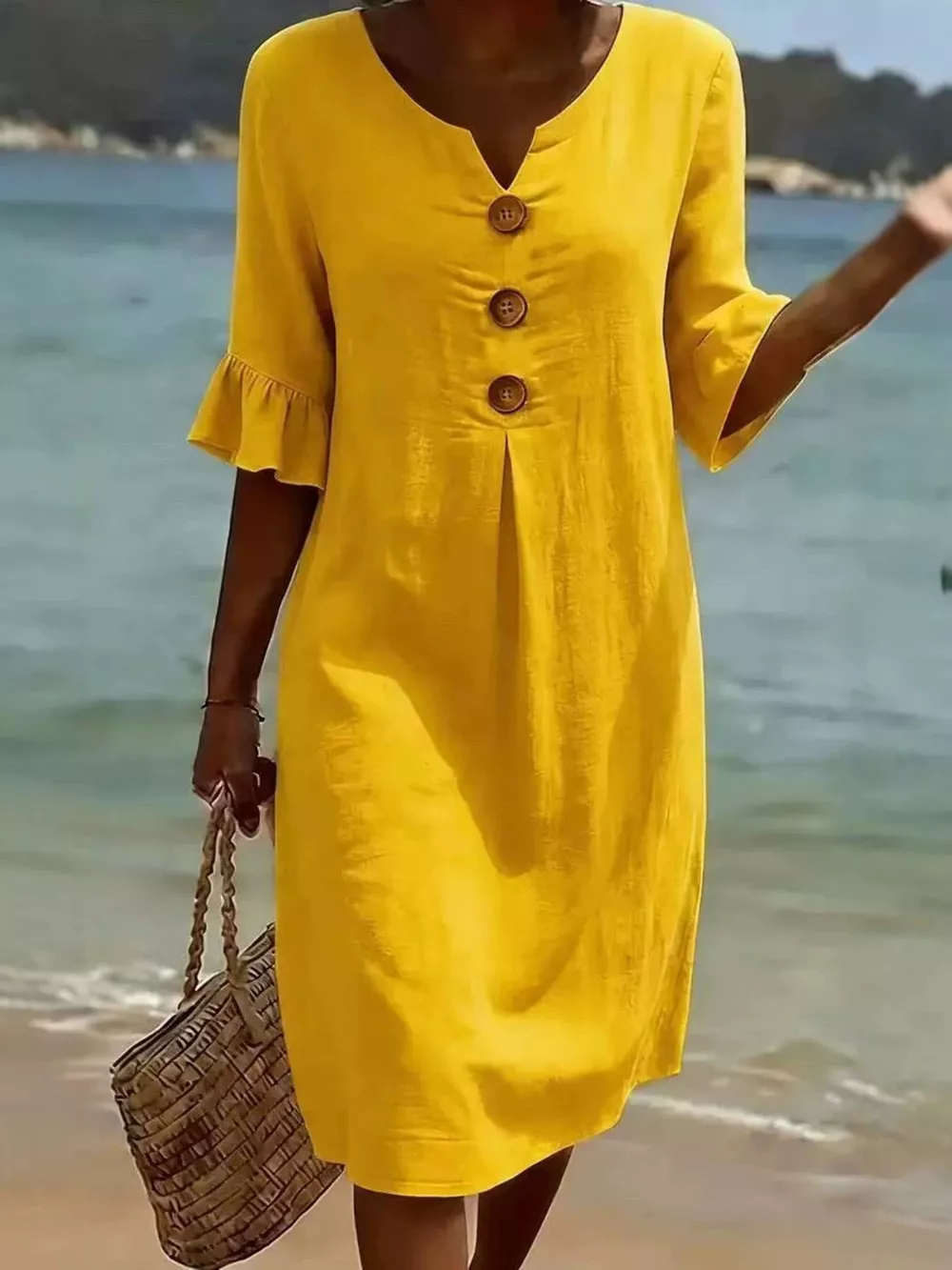 Full Size Casual Decor Button Dress with Ruffle Sleeves Plus Size, image 15