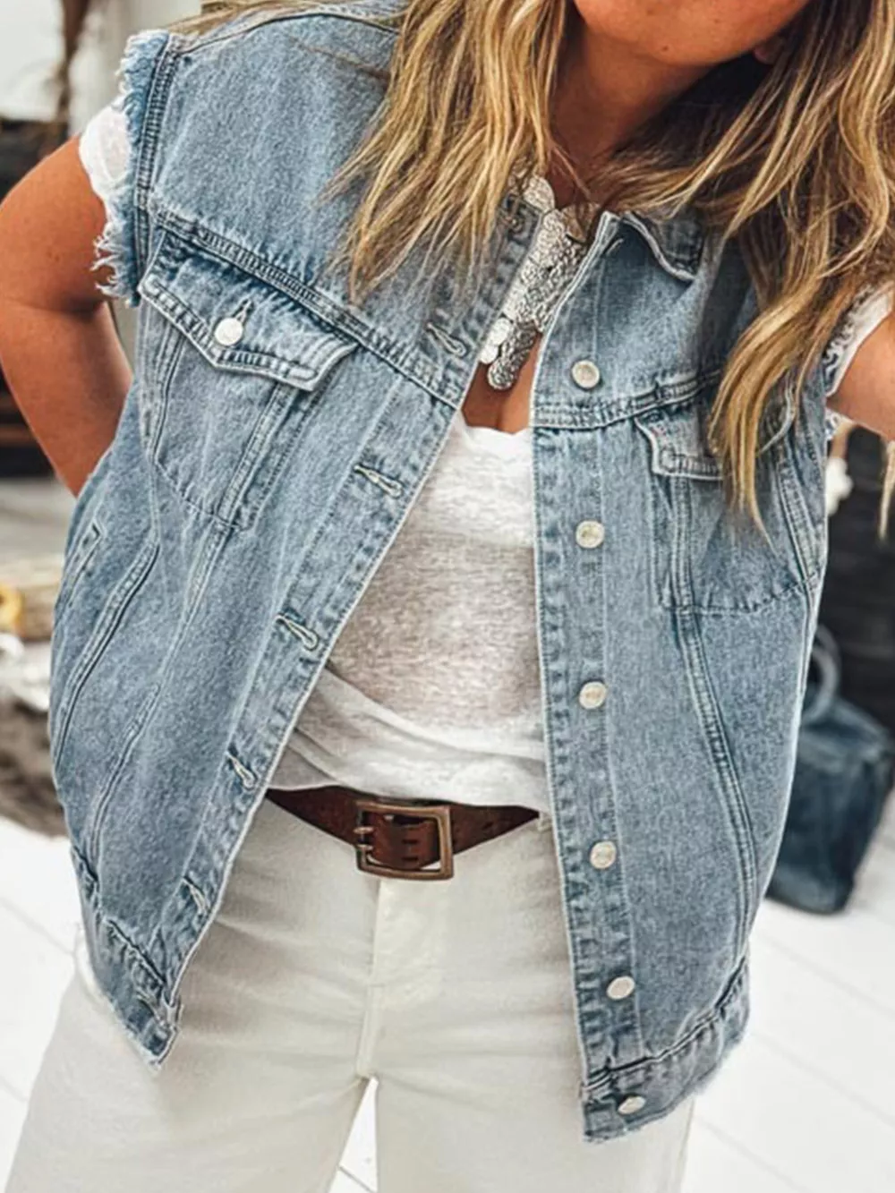 Button Flap Pocket Frayed Detail Denim Vest, image 5