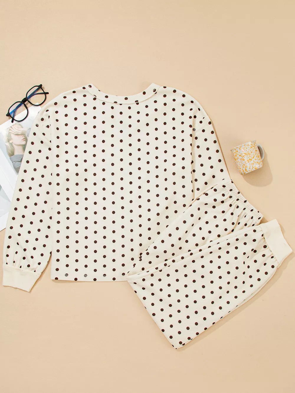 Polka Dot Notched Long Sleeve Top and Drawstring Joggers Lounge Set, image 12