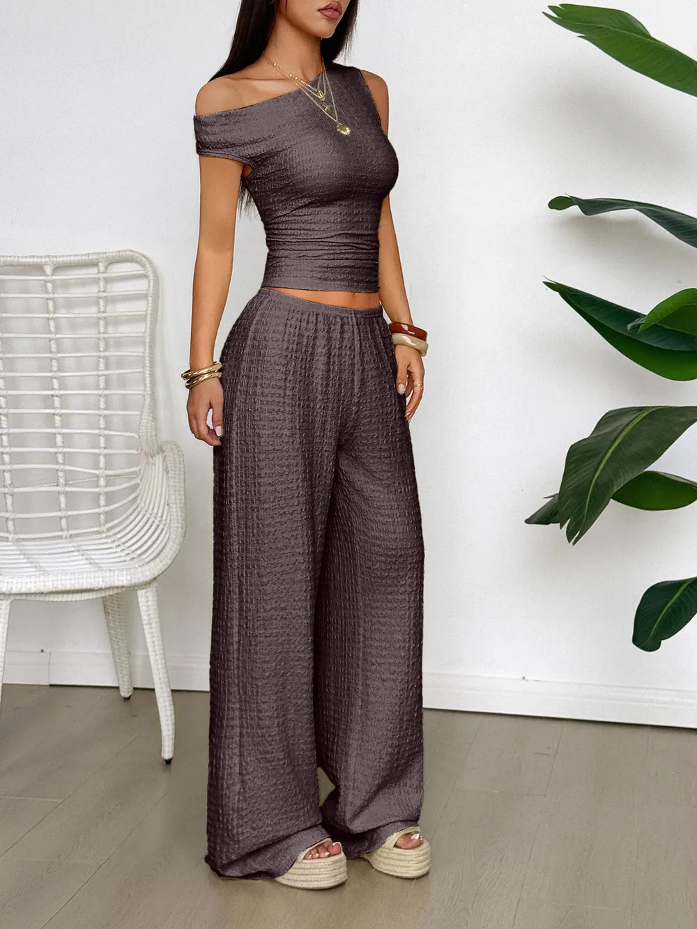 One Shoulder Top and Wide Leg Pants Set, image 5
