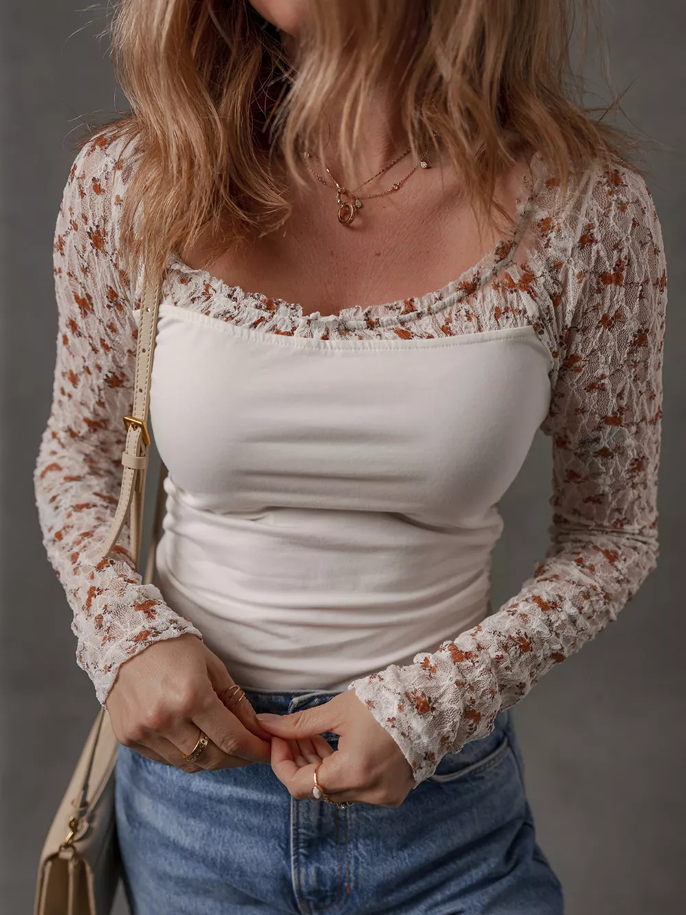 Floral Lace Patchwork Square Neck Long Sleeve Top, image 6