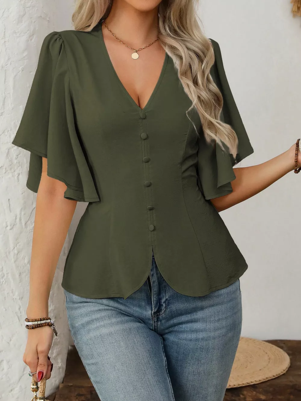 V-Neck Flutter Sleeve Blouse