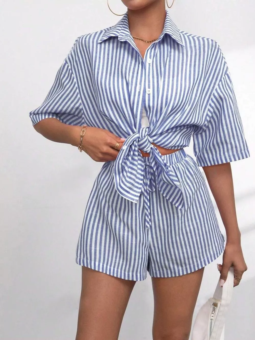 Striped Button Up Shirt and Shorts Casual Set, image 3