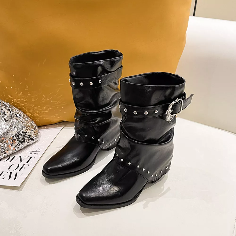 Rivet Embellished Slouchy Mid-Calf Boots, image 3