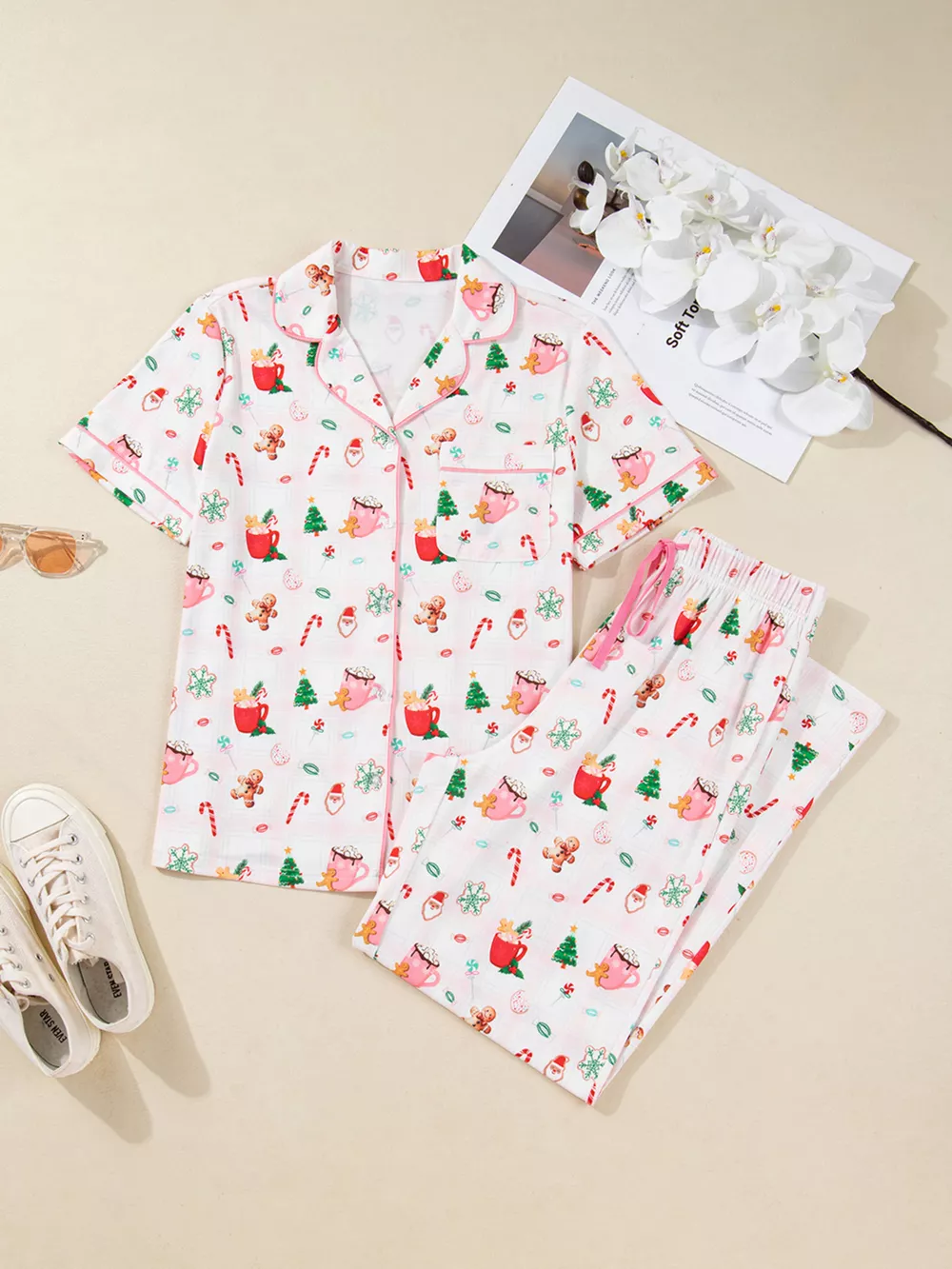 Christmas Spirit Cute Holiday Print Short Sleeve Shirt and Pants 2pcs Pajama Set, image 10