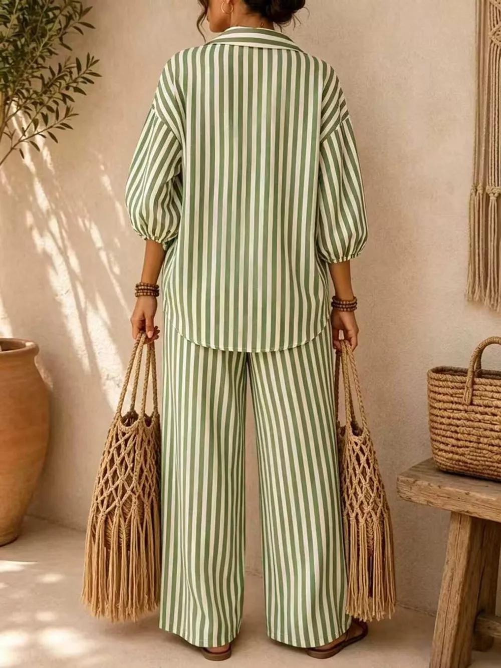 Full Size Striped Puff Sleeve Shirt and Wide-Leg Drawstring Pants Set Plus Size, image 15