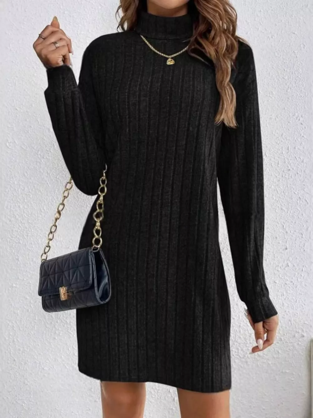 Casual Ribbed Turtleneck Long Sleeve Mini Dress, image 6