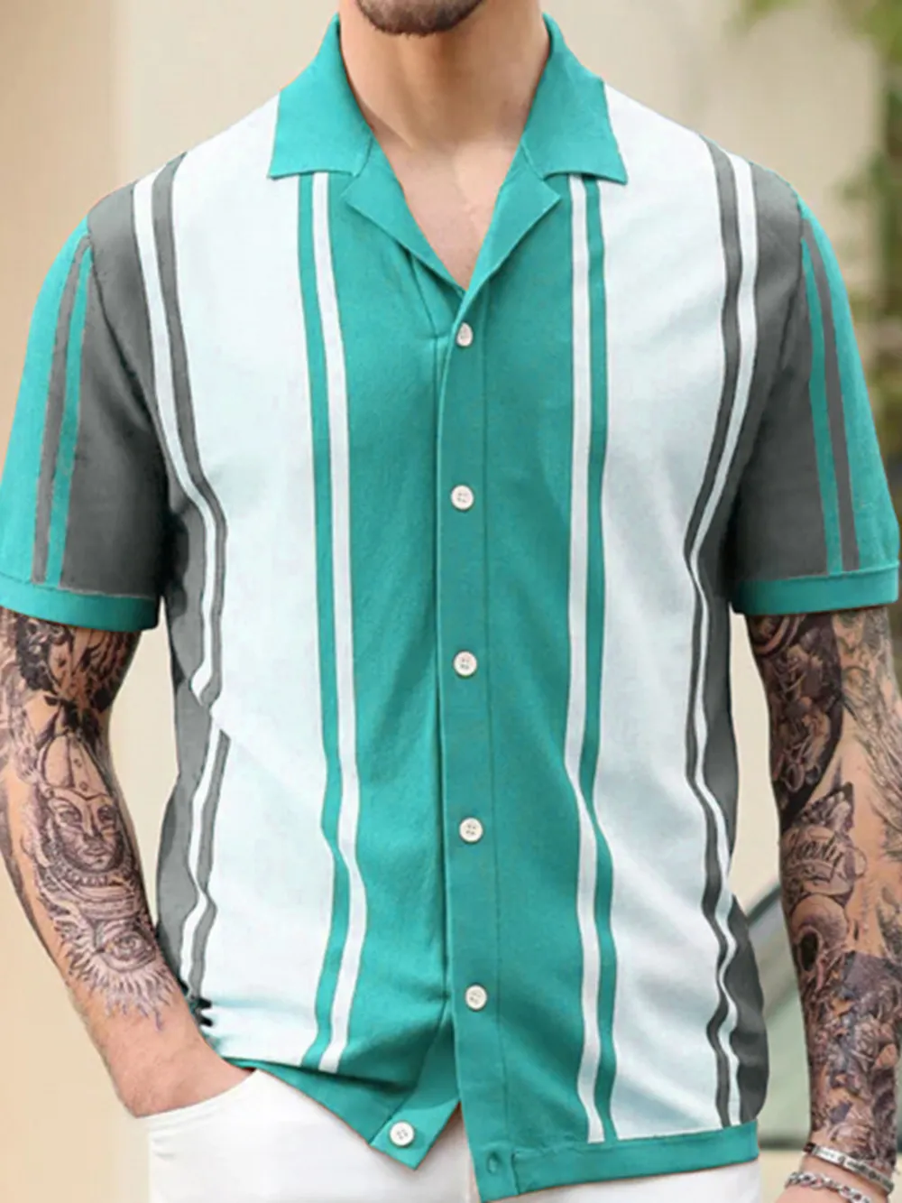 Men's Plus Size Striped Button Up Polo Shirt, image 6