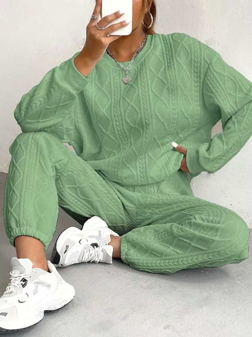 Texture Round Neck Top and Pants Set, image 14