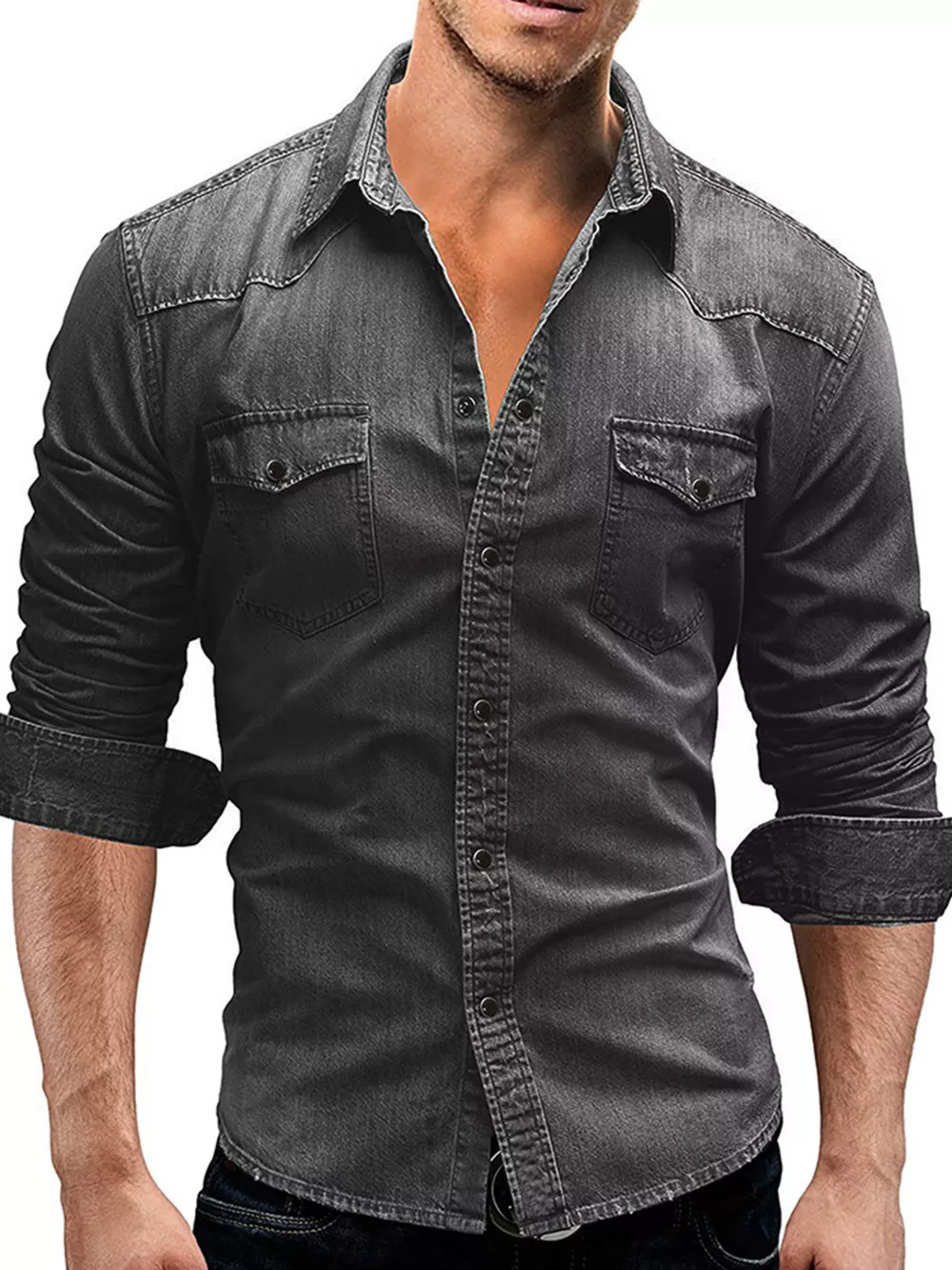 Men's Plus Size Vintage Washed Button Up Denim Shirt, image 7
