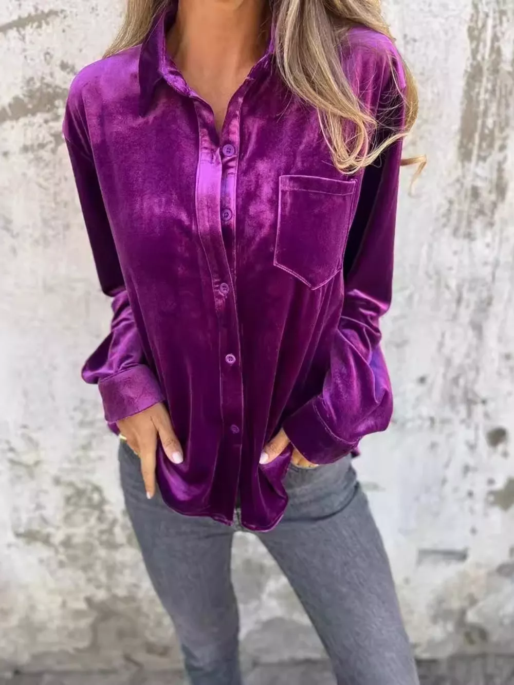 Full Size Velvet Button-Up Long Sleeve Shirt Plus Size, image 10