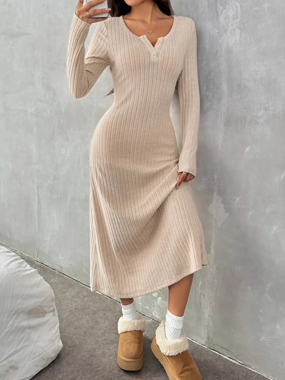 Ribbed Long Sleeve Knit Dress