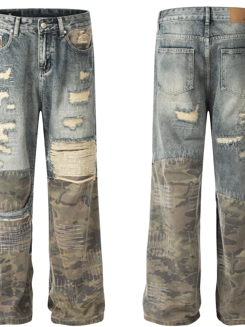Men's Distressed Camouflage Patchwork Jeans, image 4