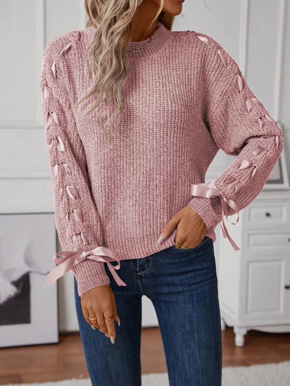 Ribbon-Tie Sleeve Round Neck Sweater, image 13