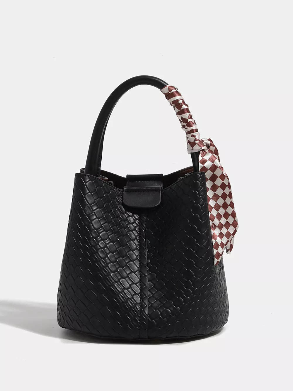 Woven Texture Bucket Handbag with Decorative Scarf