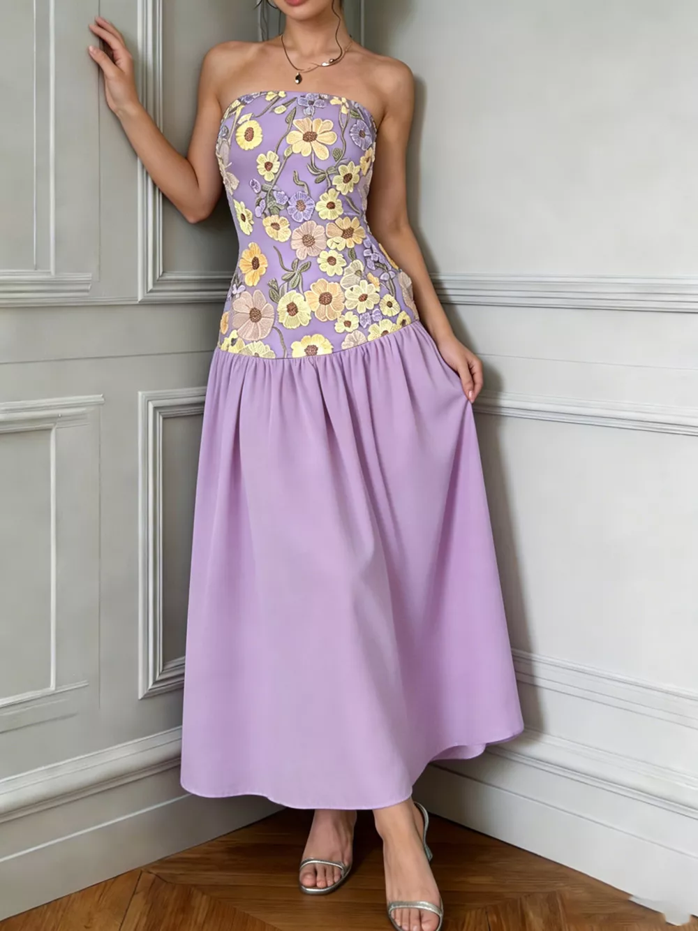 Floral Embroidered Tube Maxi Dress, image 8