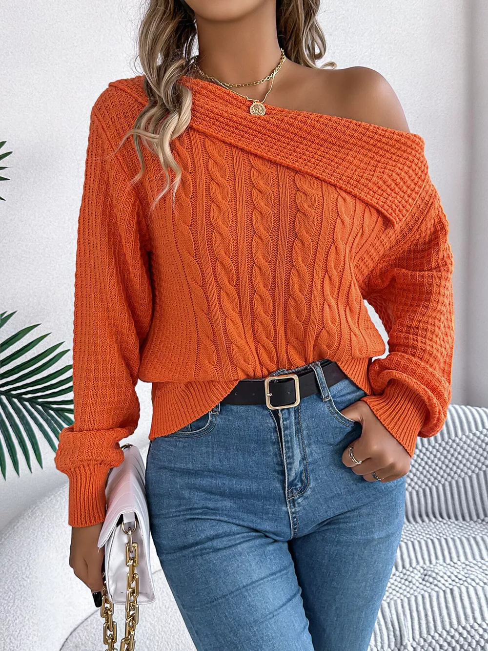 One Shoulder Cable Knit Sweater, image 14
