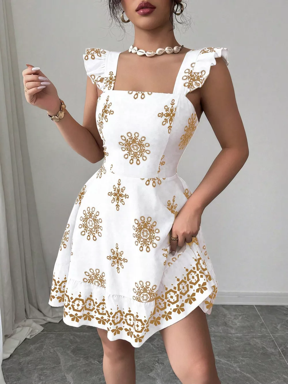 Printed Bow Back Square Neck Mini Dress, image 14