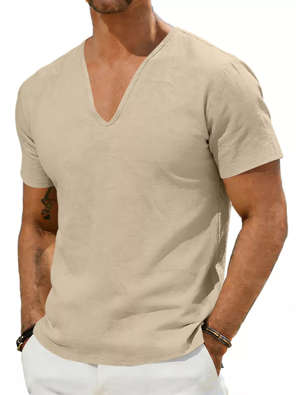 Men's Full Size Casual V-Neck Linen T-Shirt Plus Size, image 13