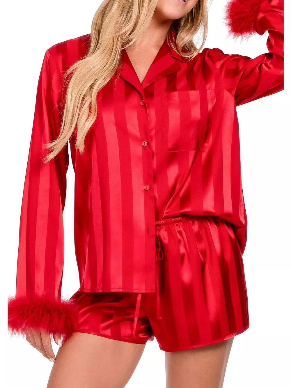 Striped Feather Trim Shirt and Shorts Lounge Set, image 5