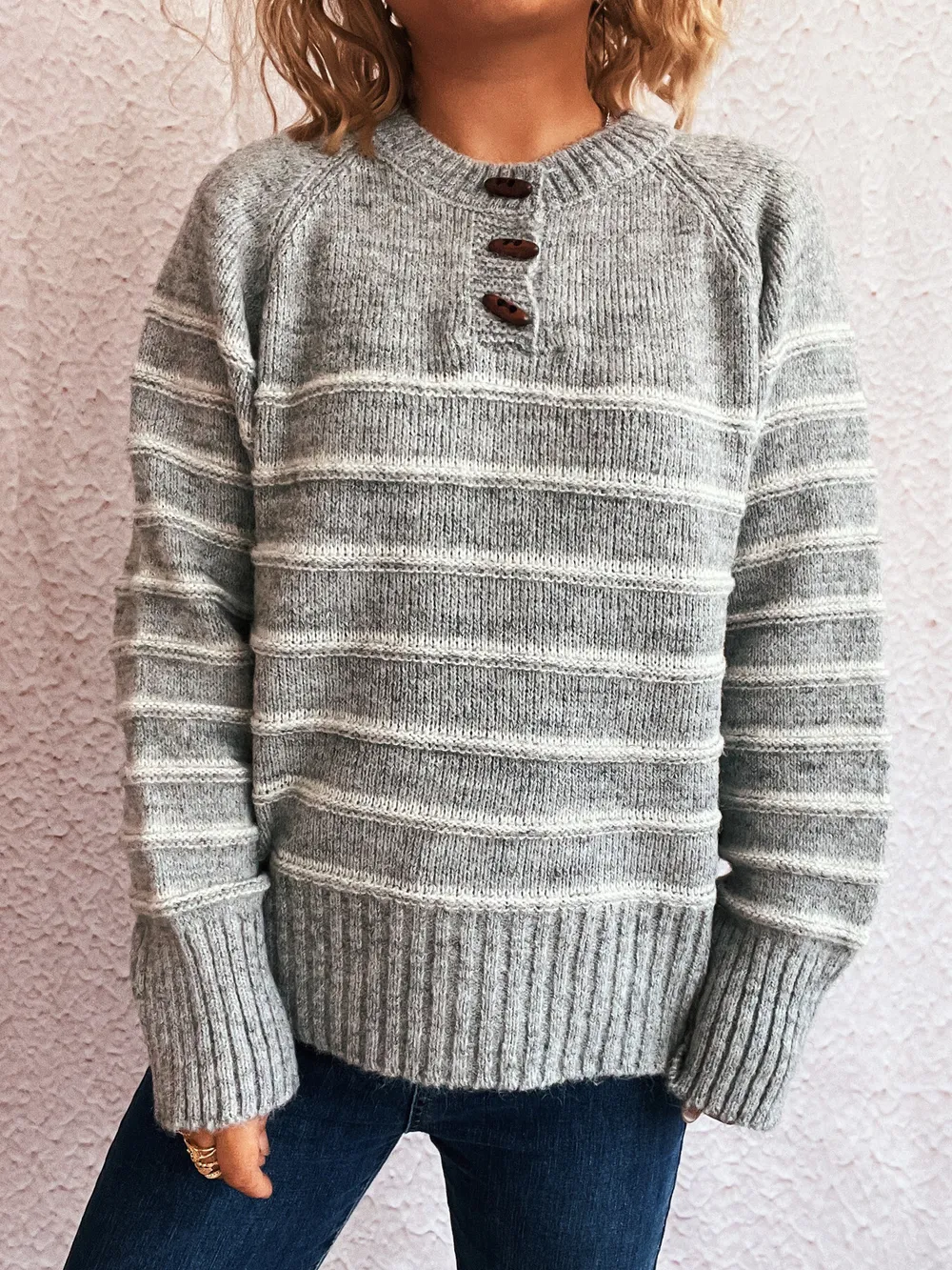 Striped Button Detail Long Sleeve Sweater, image 19