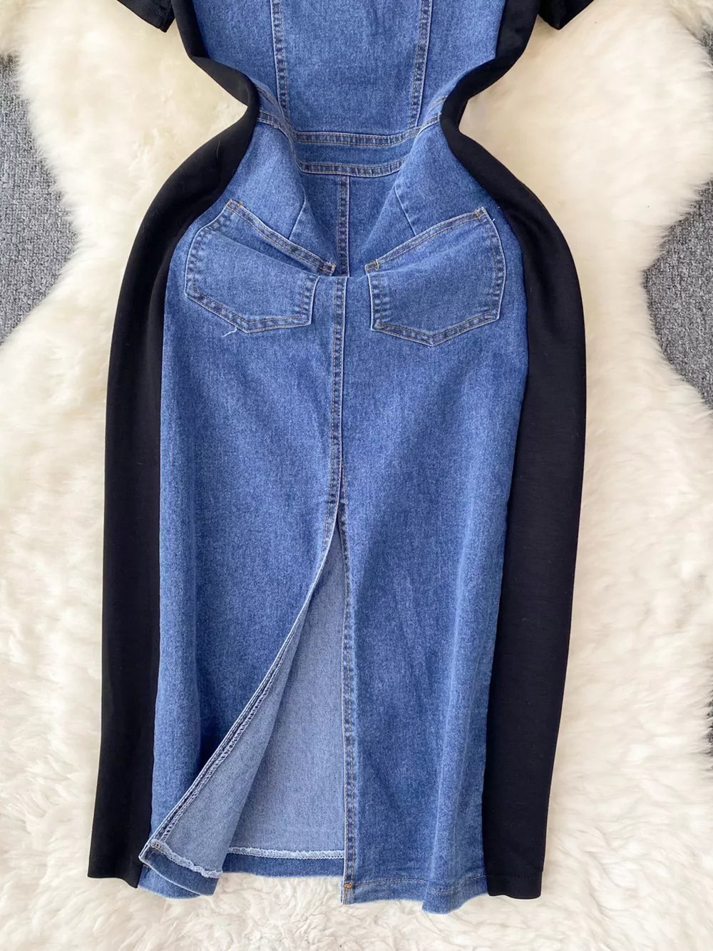 Full Size Denim Patchwork Short Sleeve Slit Back Dress Plus Size, image 10